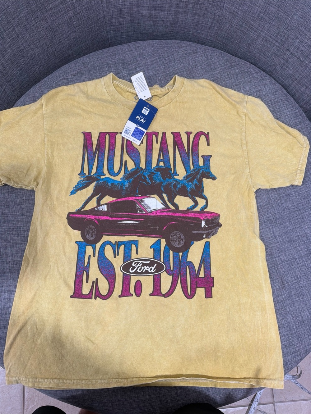 Ford Mustard Yellow Tee with Pink & Blue Mustang Graphic